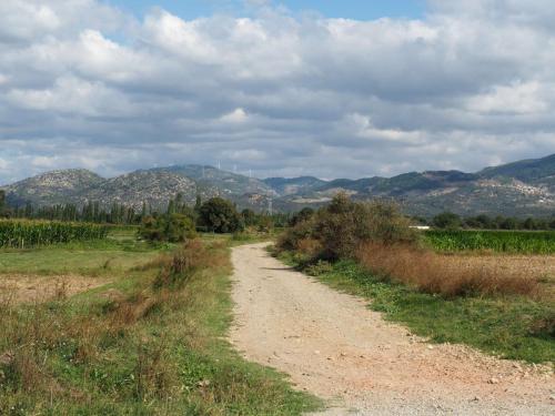 Sur la route, les montagnes au loin sous les nuages